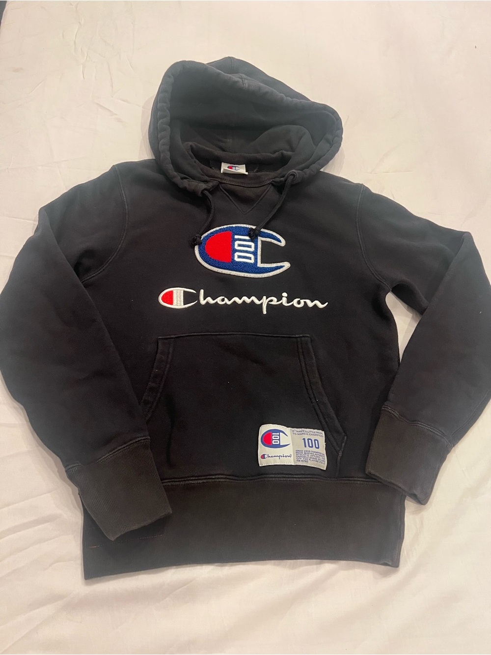 Champion 100 Black Cotton Knit Pullover Hoodie Embroidered Logo Pockets XS